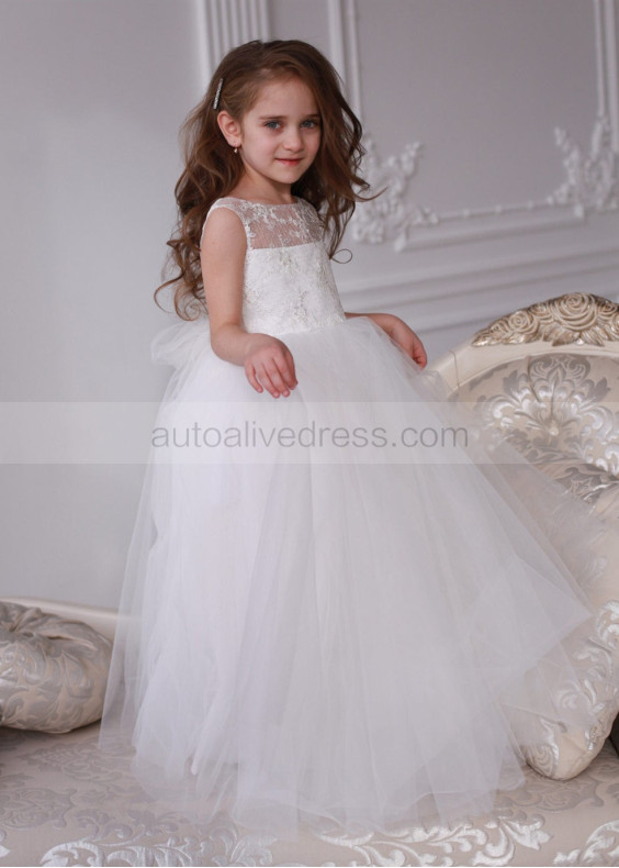 Illusion Neck Ivory Lace Tulle V Back Flower Girl Dress